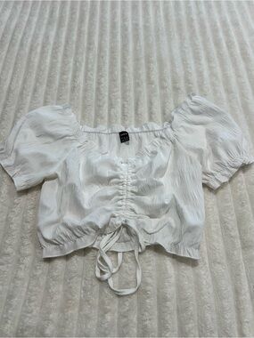 SHEIN White Ruched Drawstring Puff Sleeve Crop Top